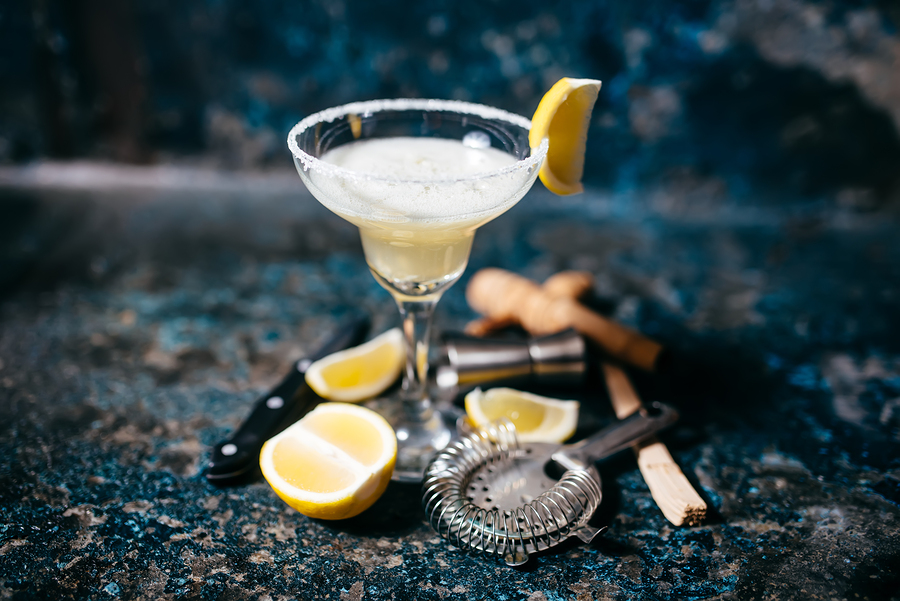 Fancy Cocktail With Lemons And Vodka. Margarita Refreshment Drin